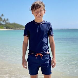 Tommy Bahama Dark Blue Swim Shirt Orange Trim Youth Boy Size 14 Beach Pool Vacay